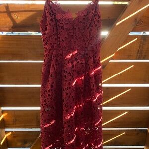 Astr Burgundy Floral Lace Midi Dress with Spaghetti Straps